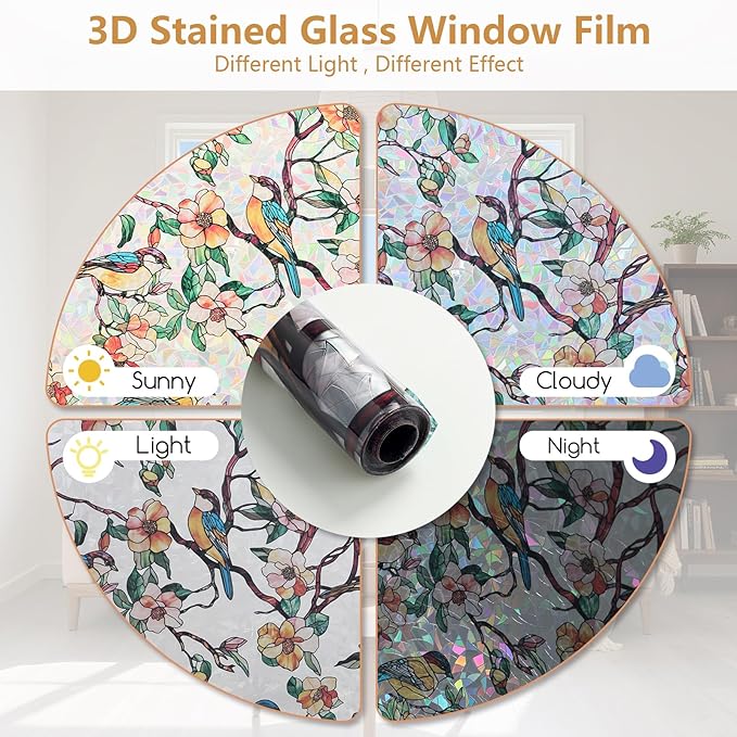 Kromapolis Window Privacy Film, Stained Glass Sticker Floral Window Clings, Decorative Static Clings UV Blocking Colorful Decals, Removable Vinyl Covering Rainbow Camellia, 17.5'' x 78.7''