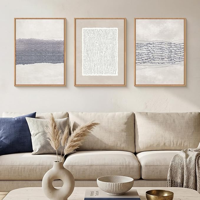 HOURIA Blue White Abstract Neutral Framed Canvas Wall Art Set,Minimalist Boho Waves Lines Wall Decor,Modern Geometric Shapes Print,Mid Century Grunge Artwork for Living Room,Bedroom,Office- 12"x16"x3