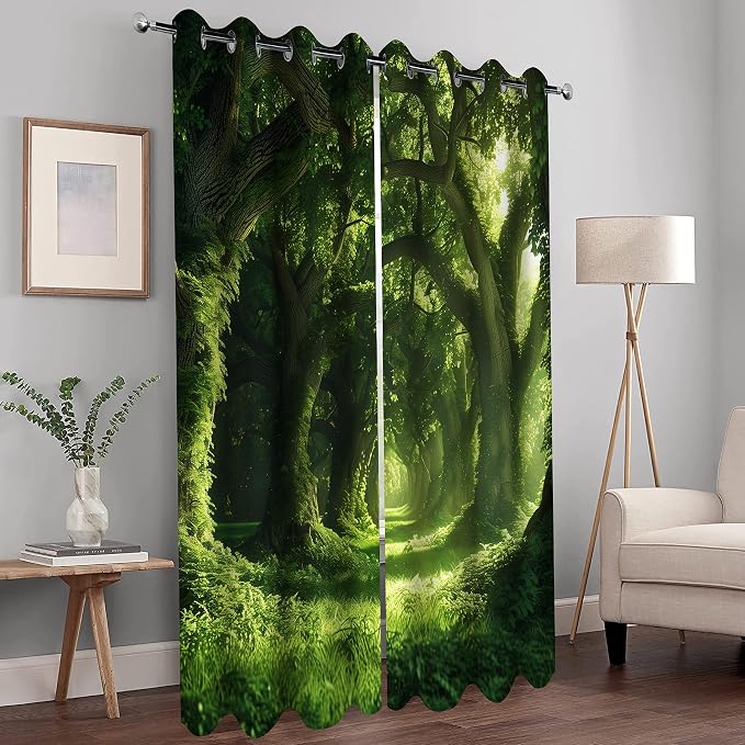 MissHope Green Tree Forest Blackout Curtains Wild Green Scenery Sunshine Decor for Bedroom Study Classroom Living Room Darkening Grommet Window Drapes 2 Panel Set, 42x63 Inch