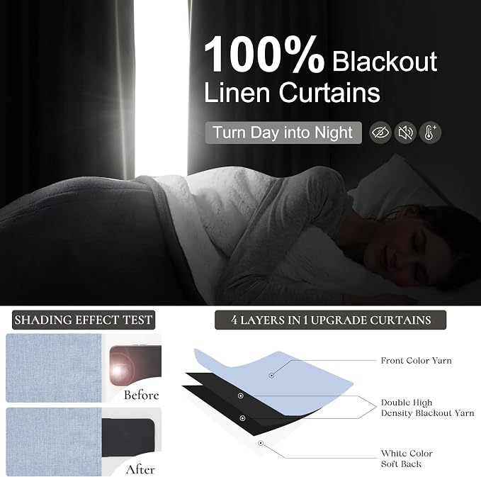 Dusty Blue Blackout Nursery Curtains 96 Inch Length for Kids/Boys Rooms/Bedroom, Floor to Ceiling Track Pleated Window Drapes with Hooks Linen Winter Thermal Coastal Light Blue(50"Wx96"Lx 2Panels)