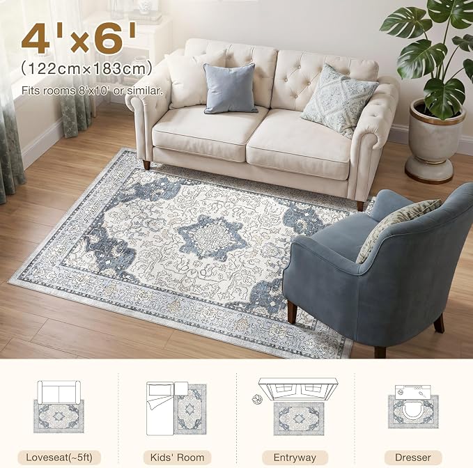 cotiled 4x6 Area Rug Machine Washable Vintage Carpet for Living Room Bedroom Soft Non-Slip Backing Floor Mat Kid & Pet Friendly Stain Resistant Light Blue