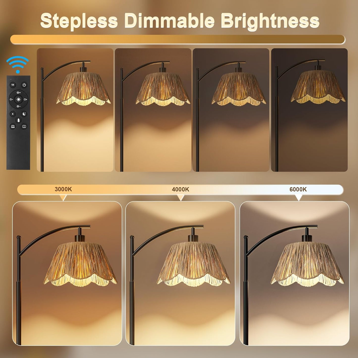 Oneach Arc Floor Lamp for Living Room with 3 Color Temperatures, Rattan Boho Floor Lamp with Hand-Woven Wicker Shade,Farmhouse Floor Lamps with Remote & Dimmable Bulb, Suitable for Bedroom（Black）