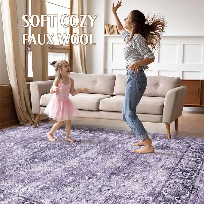 8x10 Area Rugs Living Room: Washable Boho Large Neutral Vintage Soft Rug Stain Resistant Farmhouse Non-Slip Indoor Floor Carpet for Bedroom Nursery Kids Playroom Office Dining Room- Purple