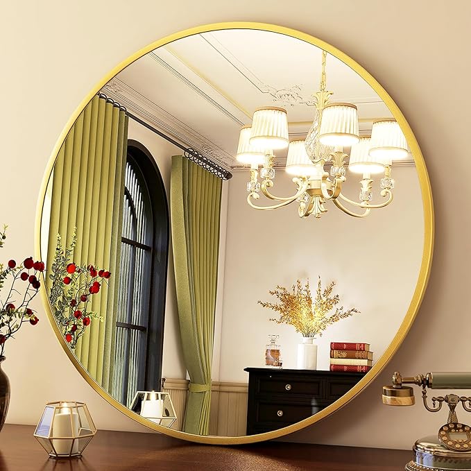 HARRITPURE 24 Inch Round Mirror, Gold Circle Bathroom Mirror, Modern Aluminum Alloy Frame Wall Mounted Vanity Mirror for Living Room, Bedroom, Entryway