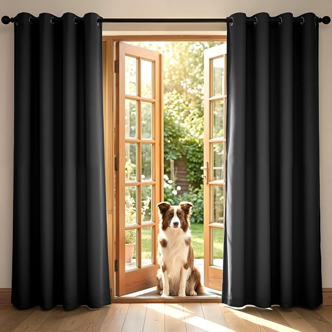 2 Panels 100% Blackout Linen-Textured Curtains, Thick Thermal Insulated Grommet Drapes with Subtle Herringbone Weave, Luxury Decor for Bedroom/Living Room, 54 x 95 Inches, Black