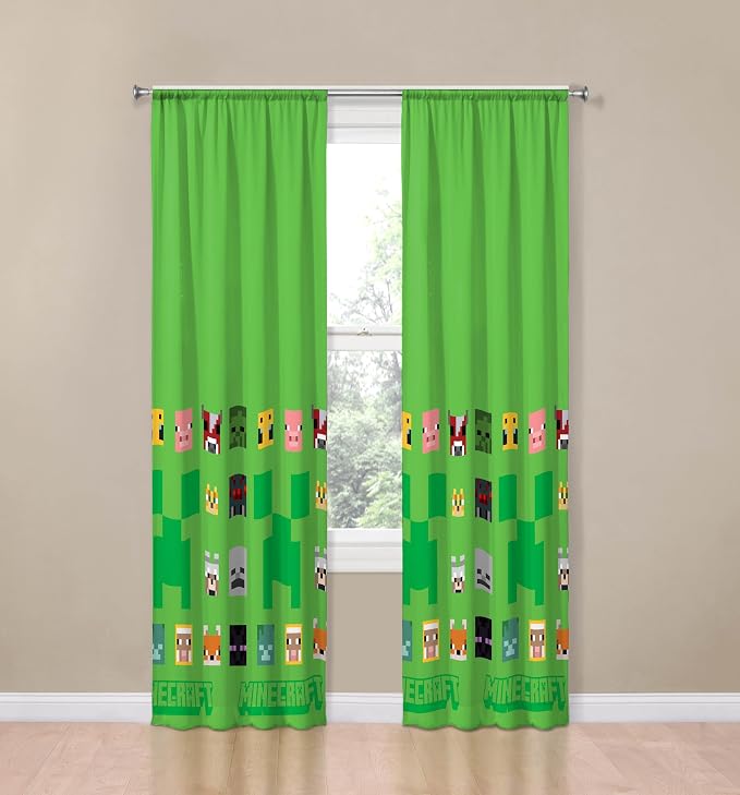 Sunny Side Up Window Curtains for Kids Bedroom 4-Piece Drape Set with 2 Tiebacks, Green - Minecraft, 42" W x 84" L (Pack of 2)