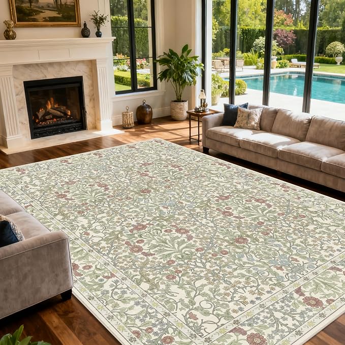 Vintage Light Green Living Room Rug, 9x12 Washable Area Rugs for Dining Room Under Table, Soft Low Pile Large Carpet Bedroom, Non-Slip Boho Floral (9 x 12 Light Green)
