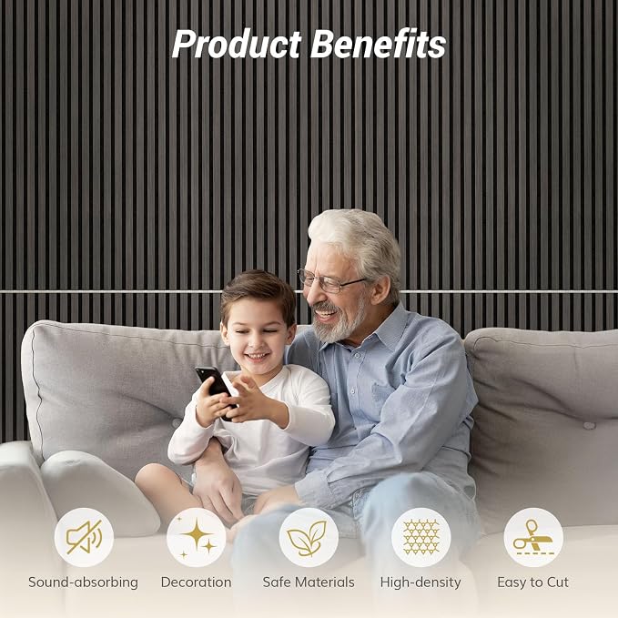 TONOR 4-Pack Acoustic Wood Veneer Wall Panels, 47.2” * 23.6” * 0.74” 3D Self-Adhesive Panel, Dual Layer Soundproof Tiles for Echo Absorption, Decorative Acoustical Barrier, Blackwood Veneer