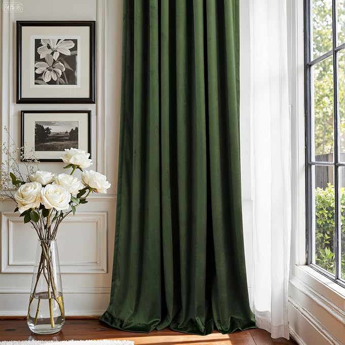Luxury Velvet Olive Green Curtains 102 Inches Long 2 Panels for Living Room Darkening Dark Out Forest Green Bedroom Curtain Thermal Insulated Custom Made Length Fancy Botanical Coastal Decor Back Tab