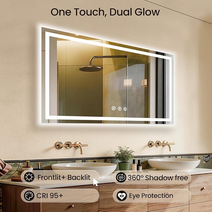 55X30 LED Bathroom Mirror with Lights, Anti-Fog, Backlit + Front Lit, Lighted Bathroom Vanity Mirror for Wall, Memory Function, Dimmable, Tempered Glass, Shatter-Proof