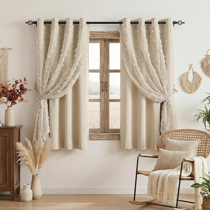 MYSKY HOME Double Layer Curtains for Girls Bedroom Kids Curtain Beige Pom Pom Sheer Window Curtains 2 Panels Beige Curtains Grommet Room Darkening Solid Nursery Curtains 63 Inches Length, W52 X L63