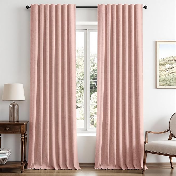 MIULEE 100% Blackout Linen Curtains for Bedroom, Blush Pink Solid Luxury Decor Thermal Insulation Room Darkening Drapes for Living Room Back Tab Rod Pocket 42 x 96 Inches, 2 Panels