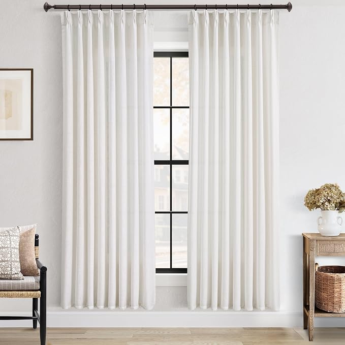 Pinch Pleated Linen Curtains 72 inches Long for Living Room Memory Training Shaped Natural Cream Light Filtering Semi Sheer Curtains 72 inch Length 2 Panel Set Modern Farmhouse Pinch Pleat Drapes
