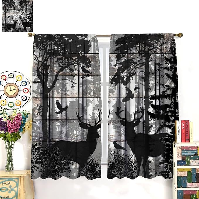 Rustic Deer Blackout Curtains for Kitchen Farmhouse Cabin Country Wild Animal Vintage Wooden Board Forest Printed Window Treatments for Farmhouse Bedroom Living Room 63x72in