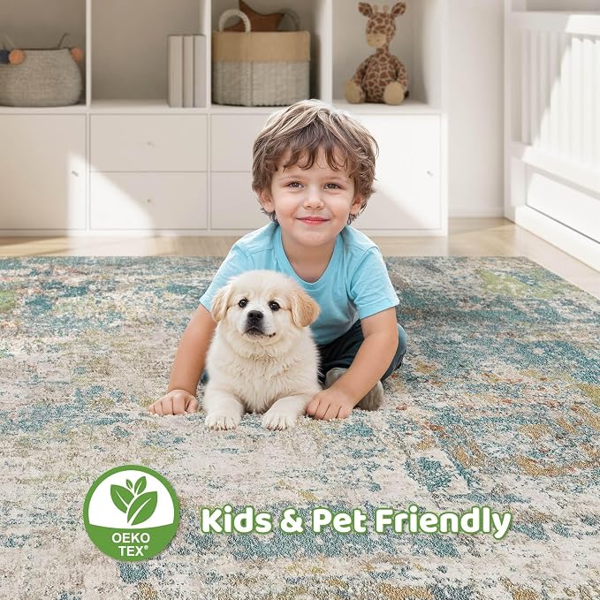 8x10 Area Rugs Living Room: Washable Large Abstract Neutral Modern Soft Rug Stain Resistant Indoor Floor Non-Slip Accent Carpet for Bedroom Nursery Playroom Office Dining Room Home Decor- Teal