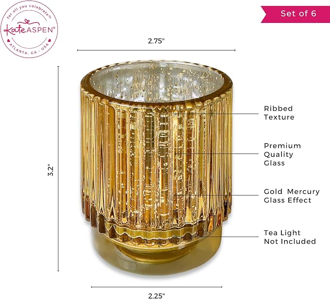 Gold Vintage Ribbed Glass Tealight Votive Candle Holders by Kate Aspen (Set of 6), Fall Decor, Boho Decor, Shelf Decoration | Perfect Hostess Gift or Home Decor (Pack of 6)