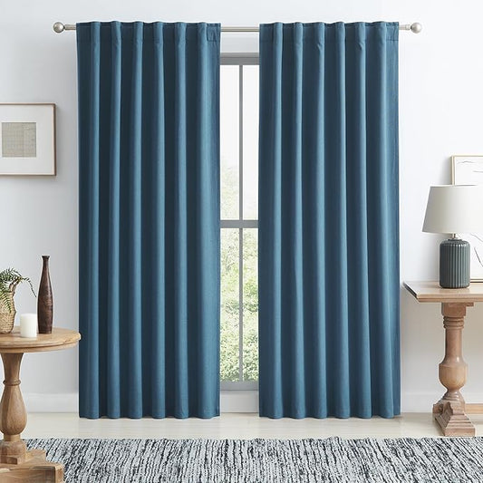 KEQIAOSUOCAI Blackout Linen Curtain Panels, Totally Shaded Draperies 84 Inches Long for Dining Room, Soundproof Privacy Window Drapes for Playroom Guest Room Bedroom, Denim Blue, 50 x 84, 2 Pieces