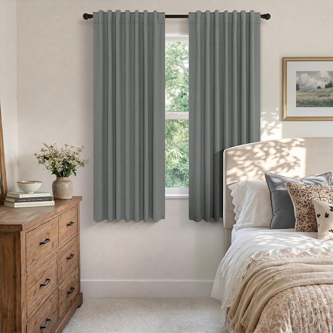 Charcoal Grey Curtains for Bedroom 2 Panel Set 63 Inch Length 100% Blackout Linen Look Thermal Insulated Light Blocking Darkening Bay Window Curtains for Boys Nursery Living Room Bathroom Dark Gray