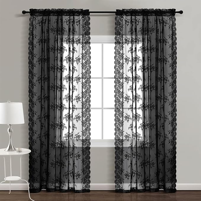 Kotile Black Lace Curtains 96 Inch Length, Vintage Rusitc Floral Sheer Lace Drapes, Gothic Black Sheer Curtains for Living Room, Rod Pocket Window Curtain Panels, 52 x 96 Inch, 2 Panels