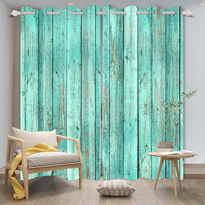 Mint Green Window Curtains Vintage Rustic Wood Plank Old Barn Door Garage Door Vertical Striped Wood Farmhouse Rural Farm Style Living Room Bedroom Drapes Treatment,21x45 inch,2 Panels
