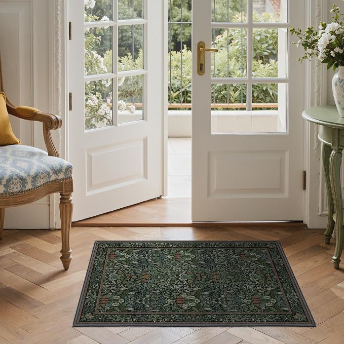 GENIMO 2x3 Washable Kitchen Rug, Non Slip Indoor Door Mat, Dark Green | Vintage Boho Floral Low Pile Entryway Mat for Bathroom, Front Door and Laundry Room