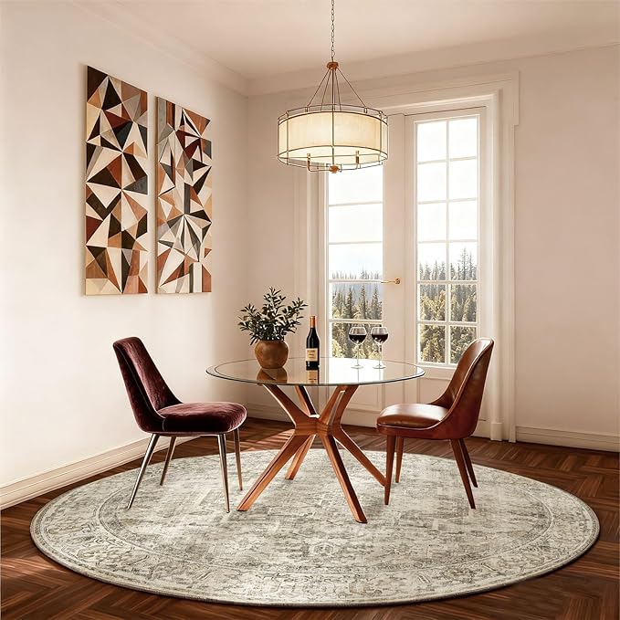4x4 Round Bedroom Rug Washable: Living Room Rug Stain Resistant Non Slip Low Pile Soft Small Area Rug for Bedroom Entryway Kitchen Living Room Bedside Office Dorm Kids Room Entrance