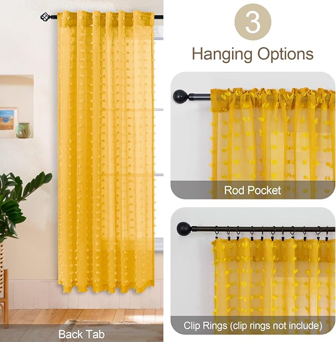 DANCURTON Pom Pom Mustard Yellow Sheer Curtains 63 Inch Length for Bedroom Decor Set of 2 Panels Semi Sheer Gold Yellow Drapes for Bay Window Kitchen Kids Nursery Girls Room Back Tab Rod Pocket 52x63