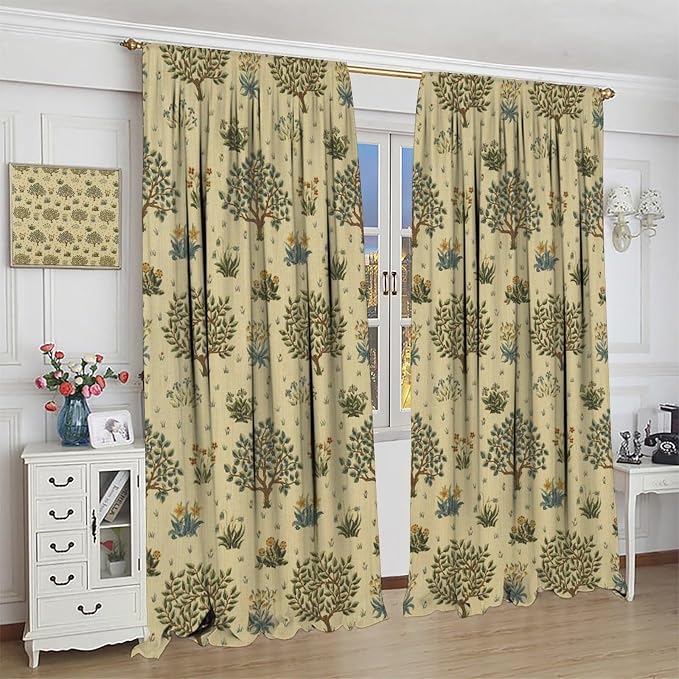 Rustic William Morris Curtains, Watercolor Vintage Flower Tree Plant Art Style Blackout Window Treatments Drapes, for Living Room Bedroom Kitchen 42(W)*84(L) 2 Panels