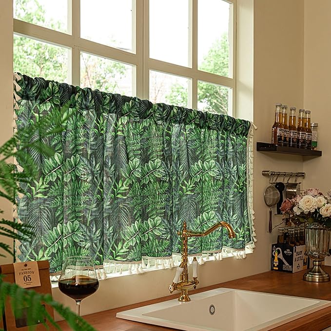 Deeprove Boho Valance Kitchen Window Curtain Over Sink Tropical Botanical Leaves Print 18 Inch with Fringes Natural Rainforest Plant Small Short for Summer Decor Cafe Privacy 1 Panel 52W x 18L