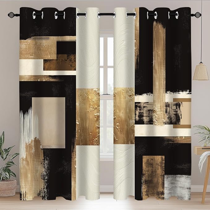 Boho Black Gold Abstract Blackout Curtains, Modern Oil Aesthetic Neutral Contemporary Beige Darkening Thermal Insulated Grommet Light Blocking Drape Decor, 52 x 84 Inch Long 2 Panels