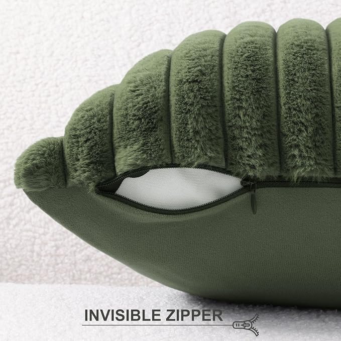 Pallene Faux Fur Plush Throw Pillow Covers 16x16 Set of 2, Luxury Soft Fluffy Striped Decorative Pillow Covers for Sofa, Couch, Living Room, Olive Green