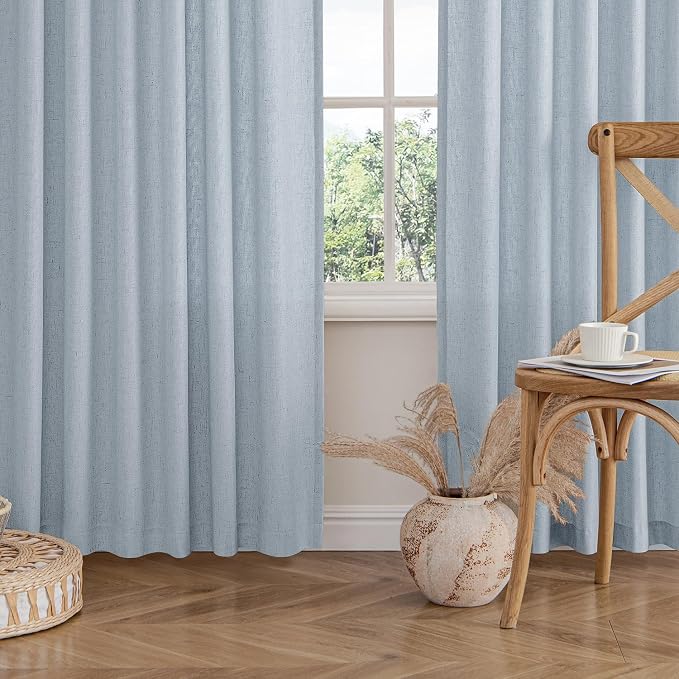 MIULEE Non-See-Through Privacy Linen Curtains 2 Panels, Chambray Blue Light Filtering Window Curtains Farn House Textured Back Tab Semi Sheer Drapes for Bedroom Living Room 90 Inches Long Light Blue