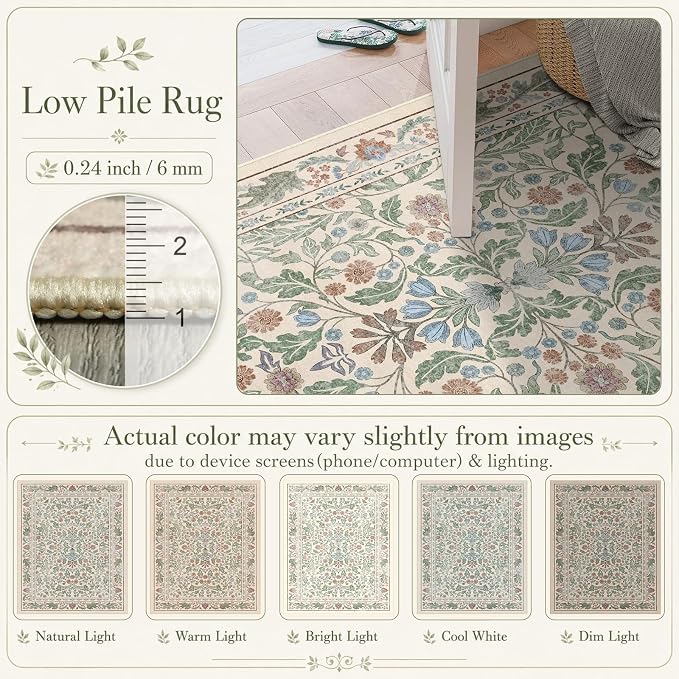 Floral Indoor Entrance 3x5 Area Rug, Washable Vintage Boho Entryway Rugs, Low Pile Non Slip Soft Carpet for Kitchen, Bedroom Beside, Laundry Room, Office Rug, Kids Room, Nursery Room， Beige Green