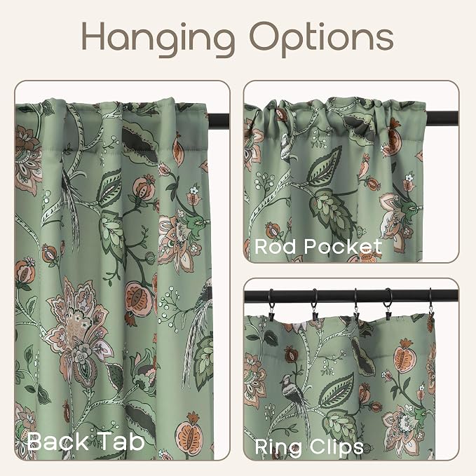 90 Inch Green Floral Pattern Blackout Curtains, Boho Print Pleated Curtains for Living Room Bedroom, 2 Panel Set, 50x90 in Long