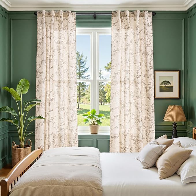 jinchan Taupe Floral Linen Curtains 96 Inch Farmhouse Back Tab 2 Panels | Taupe on beige, light filtering, farmhouse, rustic, country, flower, privacy, bedroom, living room, office, window treatment