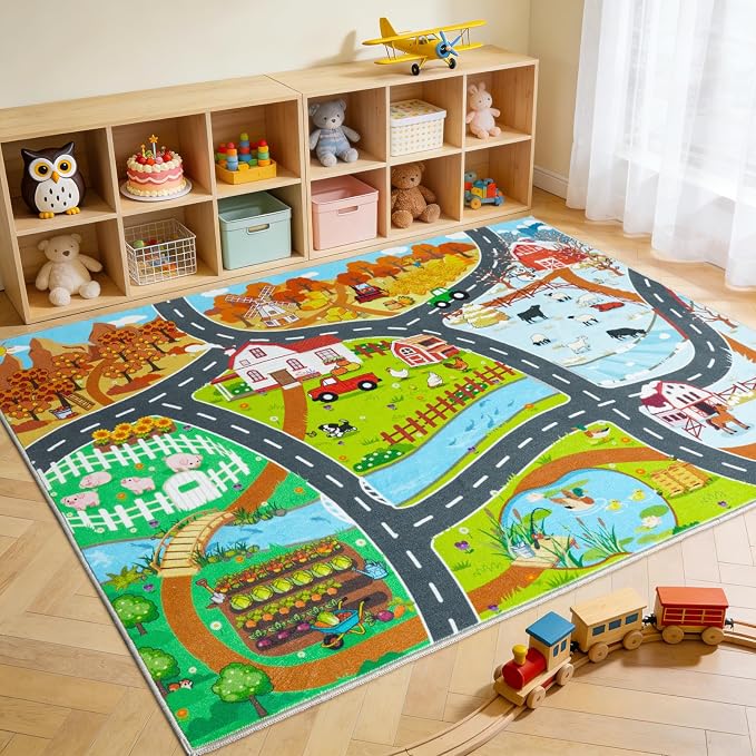 Car Rug Play Mat for Kids Toy Cars, 7' x 9' Town Country Barn Track Four Seasons Farm Theme Traffic Carpet, Non-Slip Washable Area Rug for Kids Room Bedroom Play Area, Fun Learning Rugs for Children