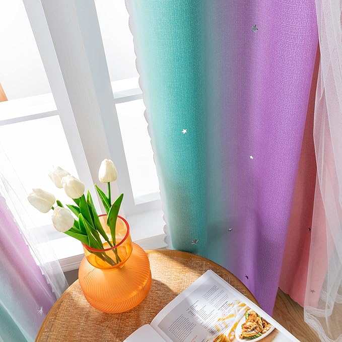 XiDi Curtains for Bedroom Decor, Rainbow Pink Purple Green 34/79/1