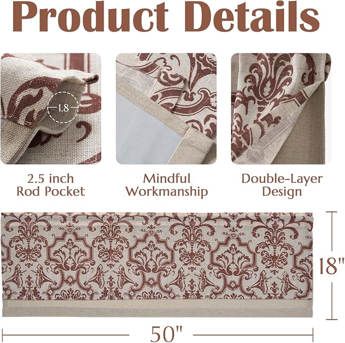 jinchan Linen Valance Curtain for Kitchen Vintage Damask Floral Blackout Valance Double Layer Small Window Curtain for Living Room Bedroom Bathroom 18 Inch Rod Pocket 1 Panel Terracotta on Beige