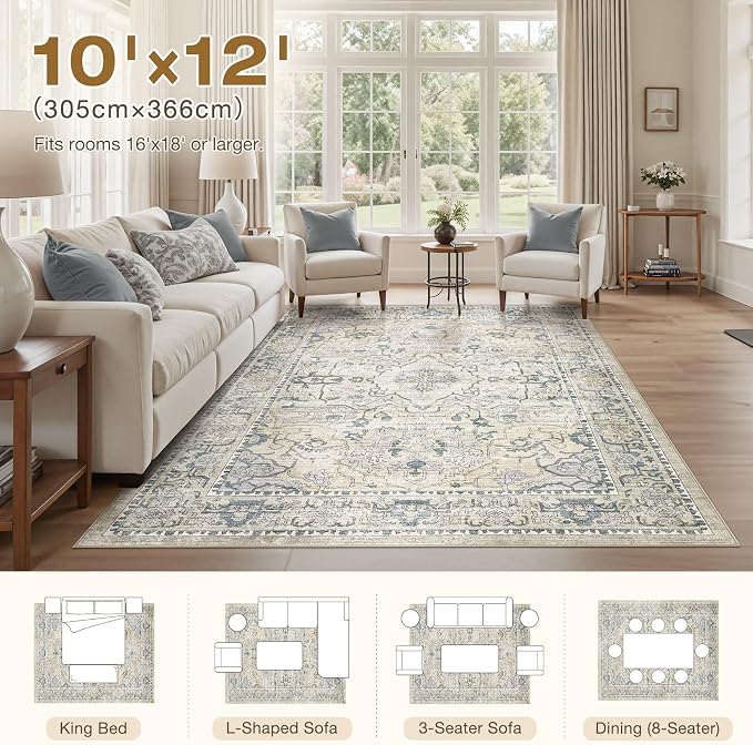 cotiled 10x12 Area Rug Machine Washable Vintage Carpet for Living Room Bedroom Soft Non-Slip Backing Floor Mat Kid & Pet Friendly Stain Resistant Green