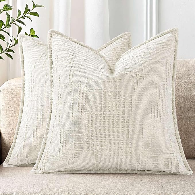 decorUhome Chenille Throw Pillow Covers 16x16 Set of 2, Soft Textured Slubby Modern Decorative Pillow Covers with Elegant Design for Couch, Sofa, Living Room, Cream White