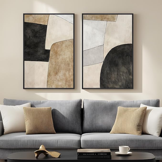 Framed Beige Black Abstract Wall Art for Living Room, Set of 2 Minimalist Geometric Neutral Artwork for Walls, Large Contemporary Painting Print for Bedroom Hallway Home Office Wall Decor, 24x36 Inch