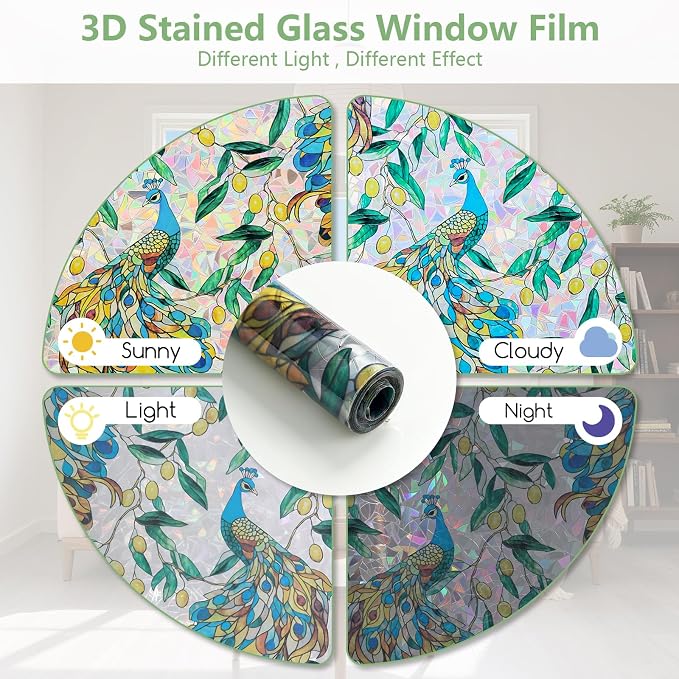 Kromapolis Window Privacy Film, Stained Glass Sticker Floral Window Clings, Decorative Static Clings UV Blocking Colorful Decals, Removable Vinyl Covering Rainbow Peacock, 17.5'' x 157.4''