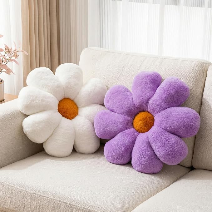 2pcs Flower Throw Pillows Set, Cute Purple White Room Decor Aesthetic Daisy Shaped Pillow for Girls Bedroom Bed Sofa Couch Chair Decor (Purple & White)