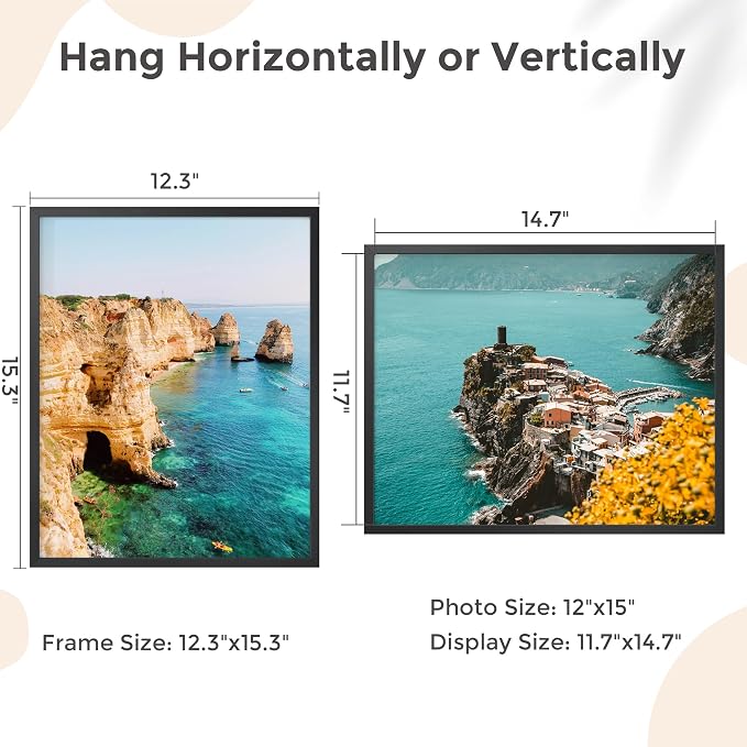 FLYJOE 12x15 Metal Picture Frame - Black Aluminum Picture Frames with Real Glass, Wall Mounting Horizontally or Vertically, Diploma, Certificates for Wall Gallery Poster Photo 15x12 Frame, Black