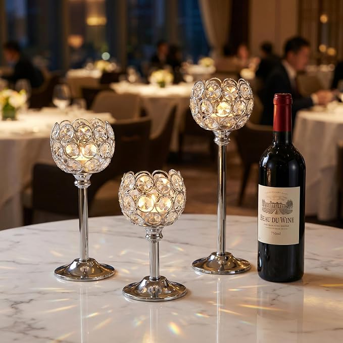 Crystal Candle Holders 4 Set of 12 - Sliver Vintage Hollow Ball Candle Stand for Table Centerpiece, Crystal Metal Tealight Candlestick for Wedding, Dining Room Decor