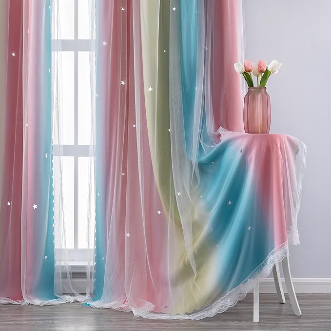 XiDi Curtains for Bedroom Decor, Rainbow Pink-Blue-34-45