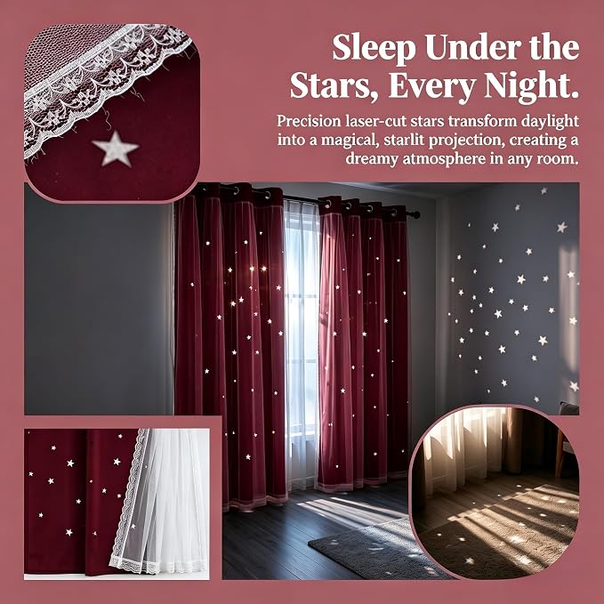 Kids Blackout Curtains for Bedroom/Living Room/Classroom, Sheer Overlay 2 Free Tiebacks, Double Layer Curtains with Star Cutout for Kids Room(Each Piece W 70 x L 95 Inches 2 Pcs Red)