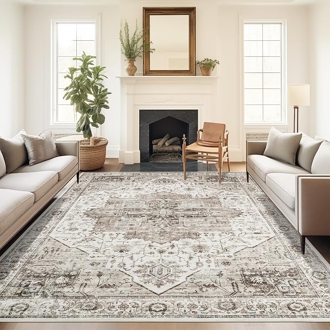 Roxstand 8x10 Washable Area Rug, Large Non Slip Rug, White/Brown | Non-slip Backing, Low-Pile Carpet, Stain Resistant,Rugs for Living Room,Bedroom, Dining Room, Office