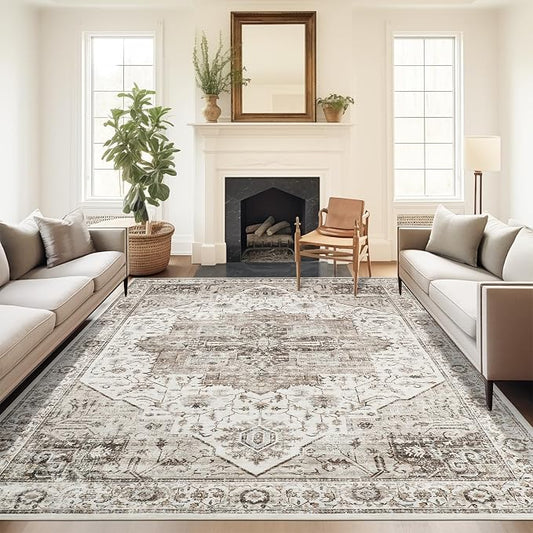 Roxstand 5x7 Area Rugs, Stain Resistant Machine Washable Area Rugs with Non-Slip Backing, Vintage Rugs for Bedroom, Living Room, Large Soft Low Pile Area Rug (White/Brown, 5'x7')
