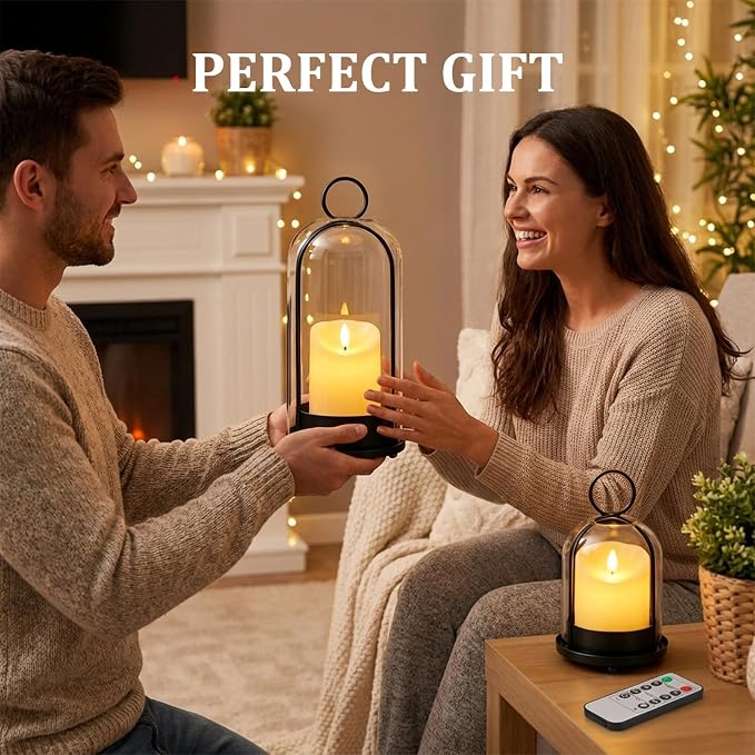 Brass Hurricane Handmade Sturdy Glass Dome Candle Holders with Glass Cover, Set of 2 Flameless Battery Operated LED Pillar Candles and Remote, Elegant Cloche Lantern for Modern Table Centerpiece